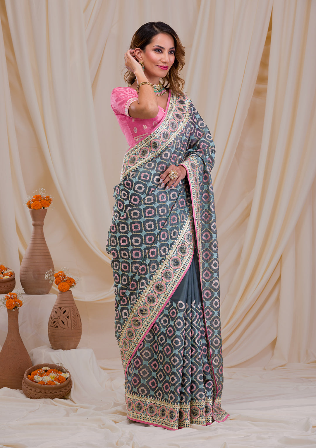 Sea Green Swarovski Chiffon Saree