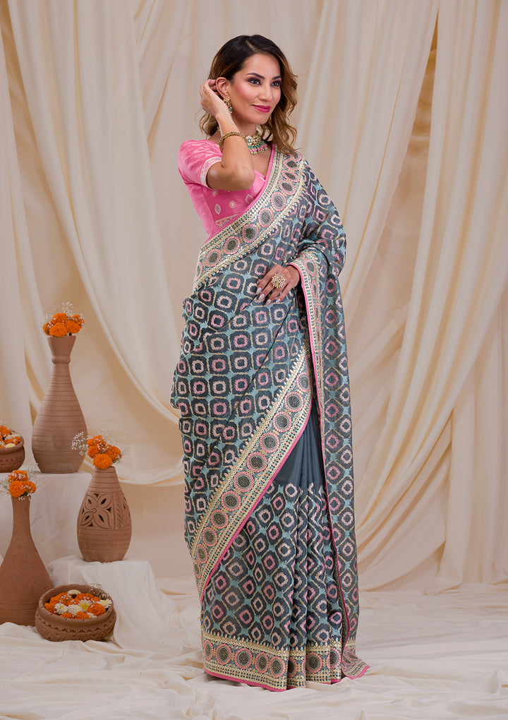 Sea Green Swarovski Chiffon Saree