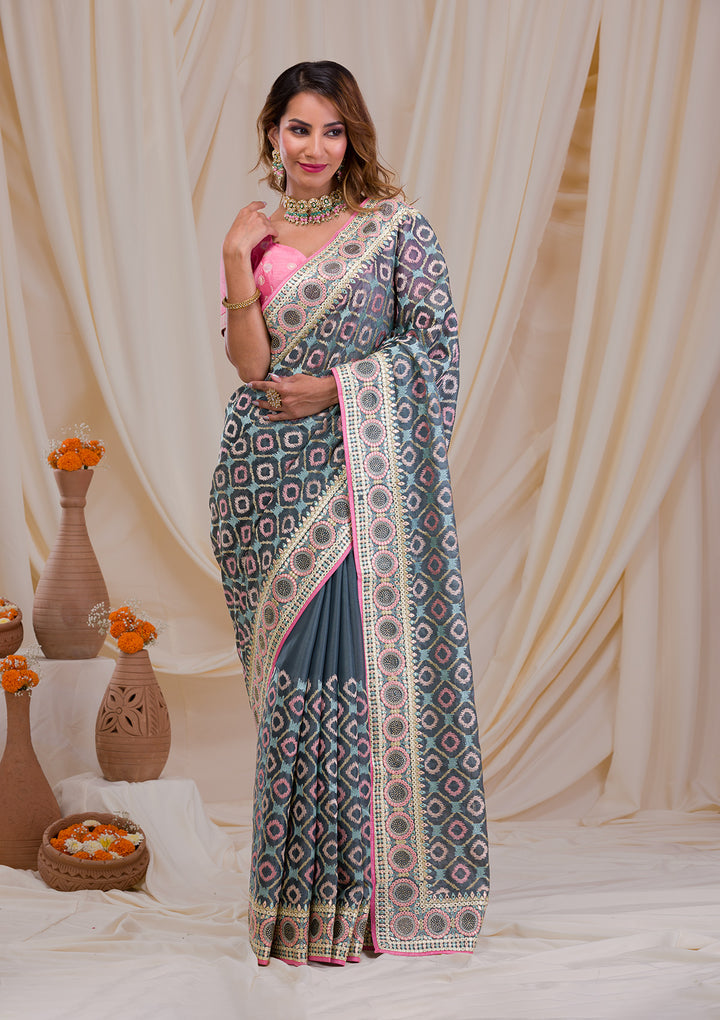 Sea Green Swarovski Chiffon Saree
