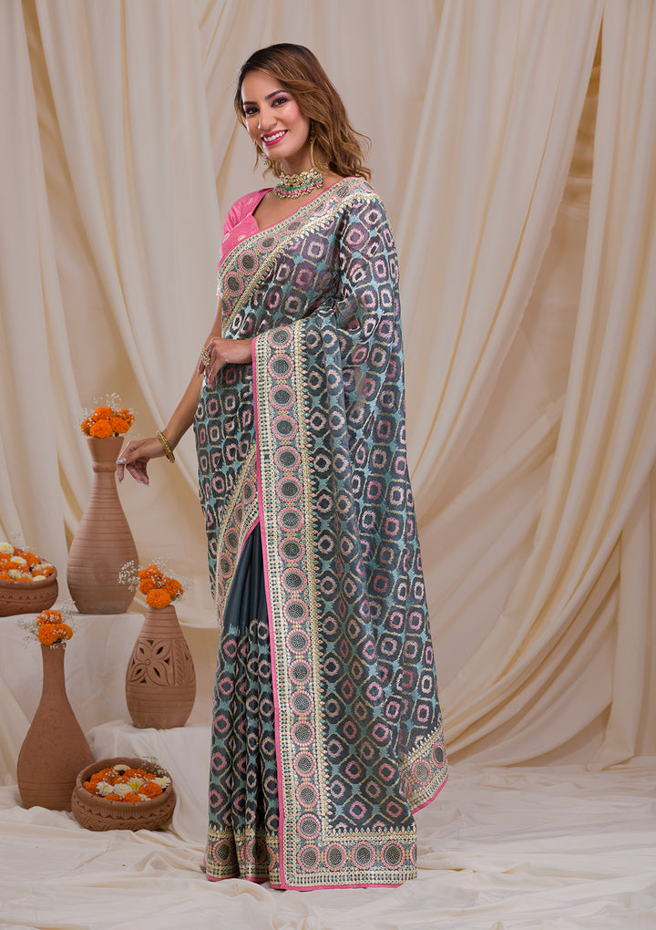 Sea Green Swarovski Chiffon Saree
