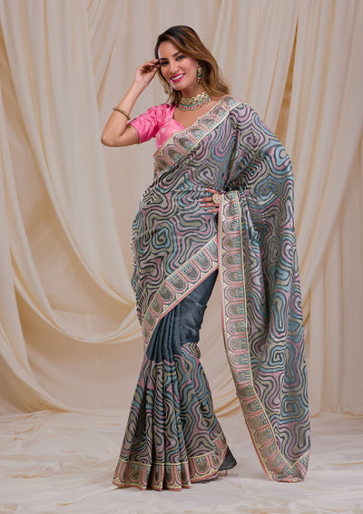 Sea Green Swarovski Chiffon Saree-Koskii