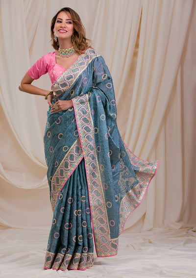 Sea Green Swarovski Chiffon Saree-Koskii