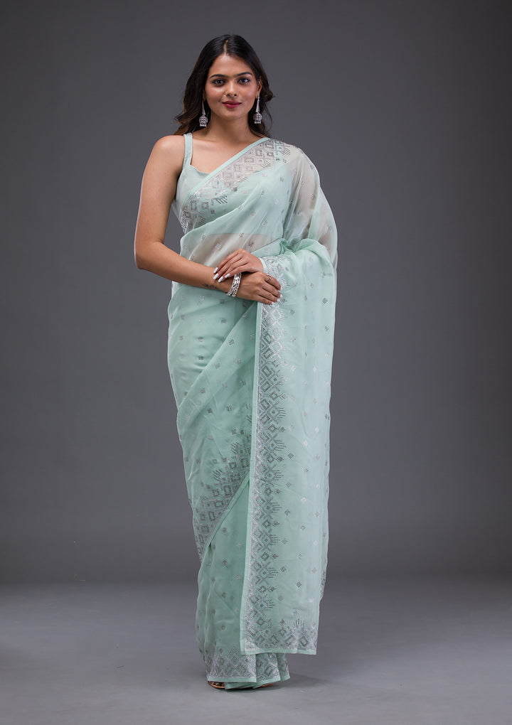 Sea Green Swarovski Satin Saree