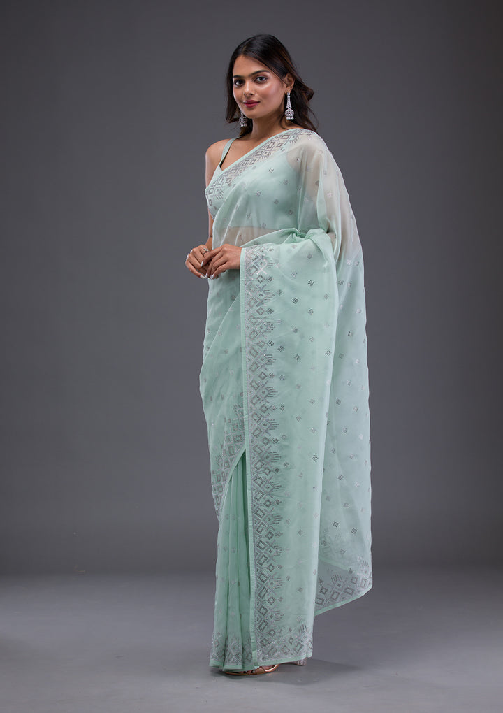 Sea Green Swarovski Satin Saree
