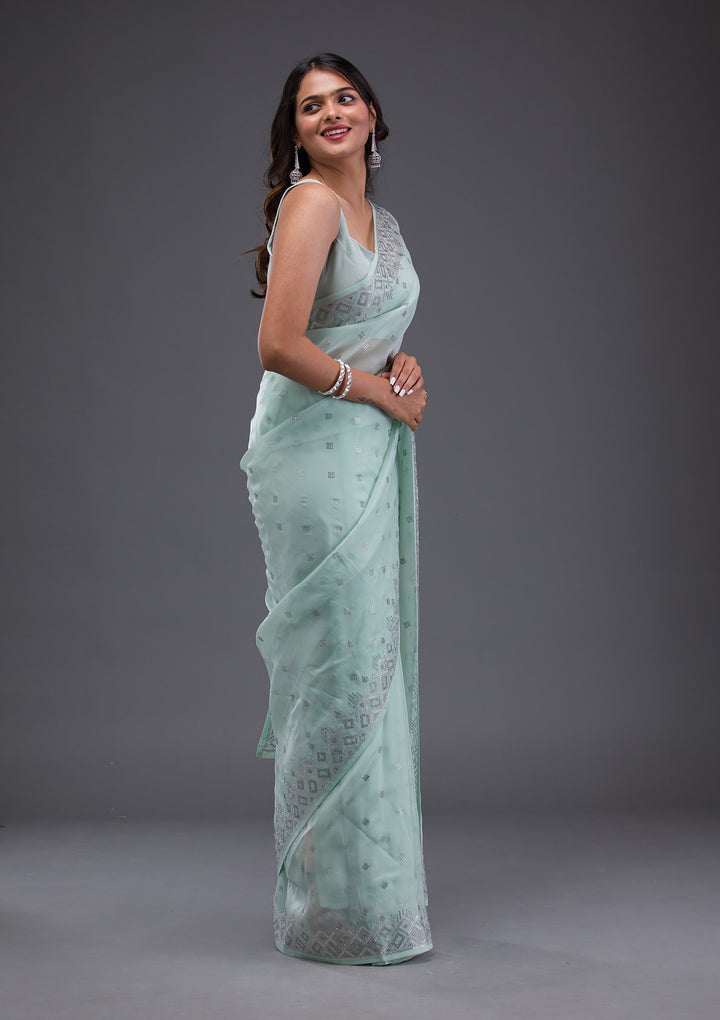 Sea Green Swarovski Satin Saree