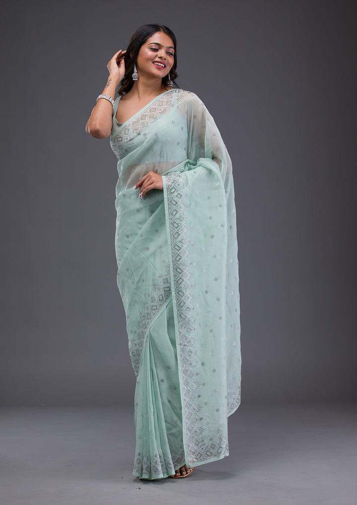 Sea Green Swarovski Satin Saree
