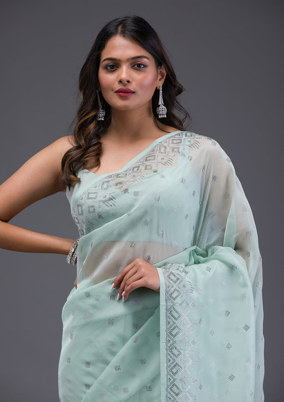 Sea Green Swarovski Satin Saree