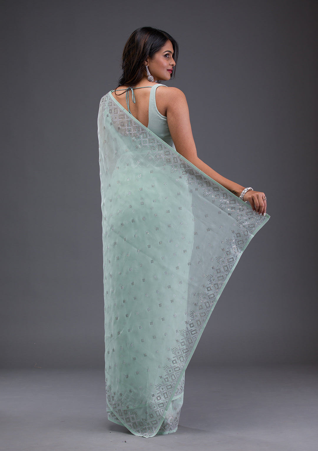 Sea Green Swarovski Satin Saree