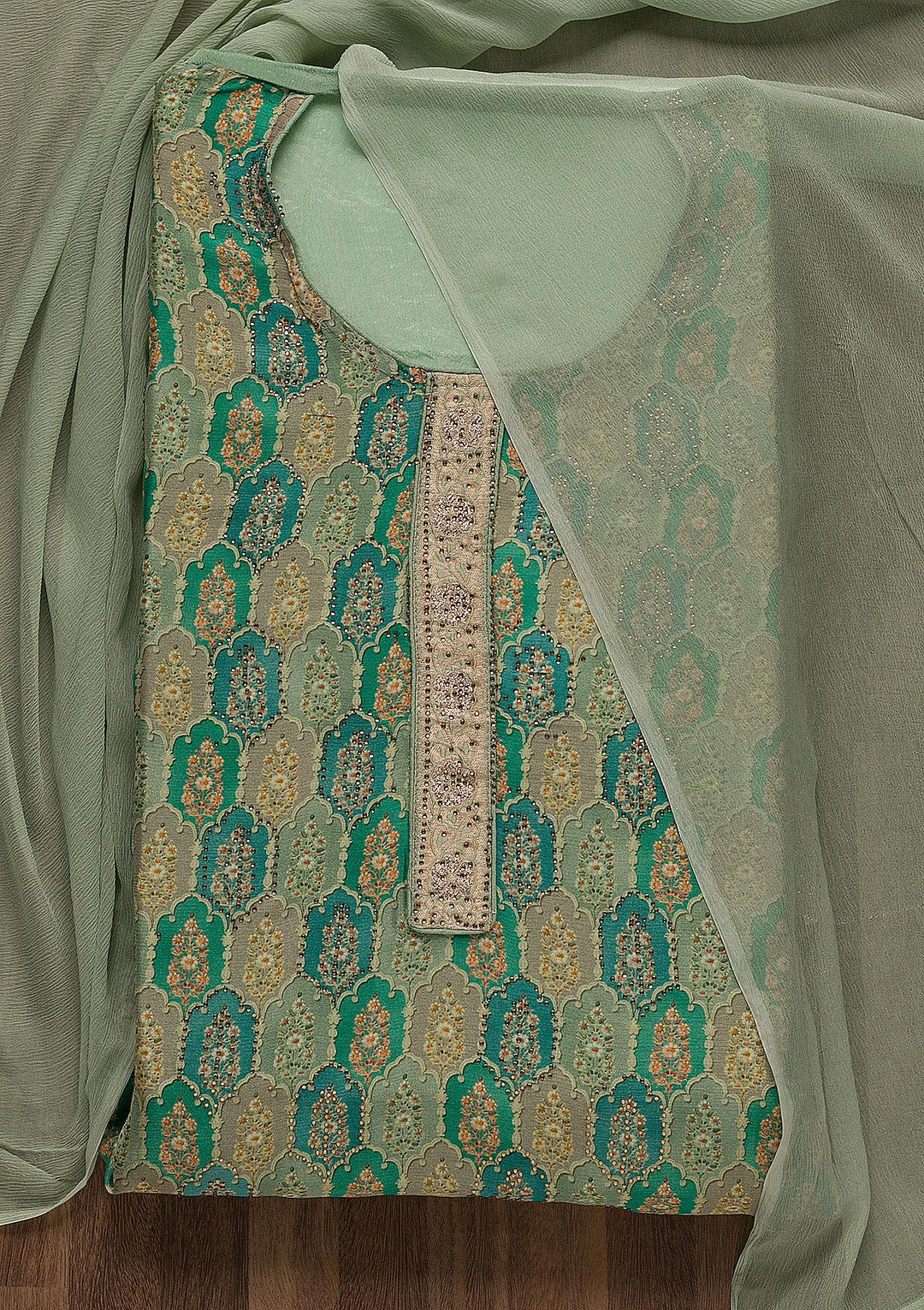 Sea Green Swarovski Semi Crepe Unstitched Salwar Suit