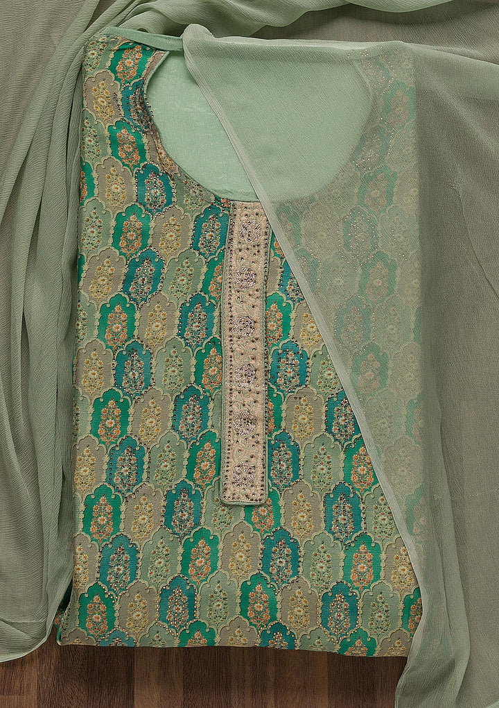 Sea Green Swarovski Semi Crepe Unstitched Salwar Suit