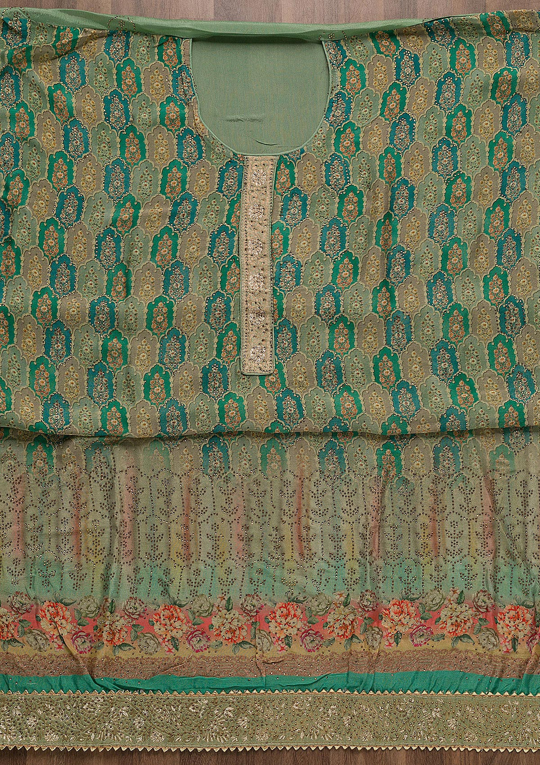 Sea Green Swarovski Semi Crepe Unstitched Salwar Suit