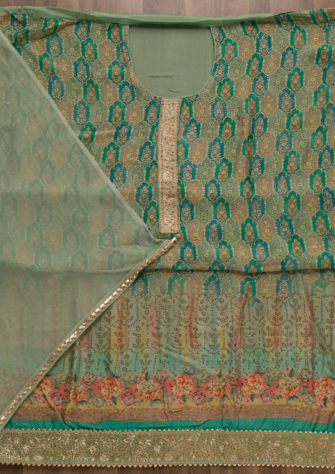 Sea Green Swarovski Semi Crepe Unstitched Salwar Suit