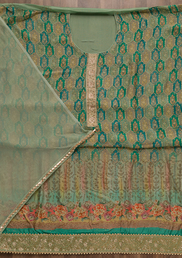 Sea Green Swarovski Semi Crepe Unstitched Salwar Suit