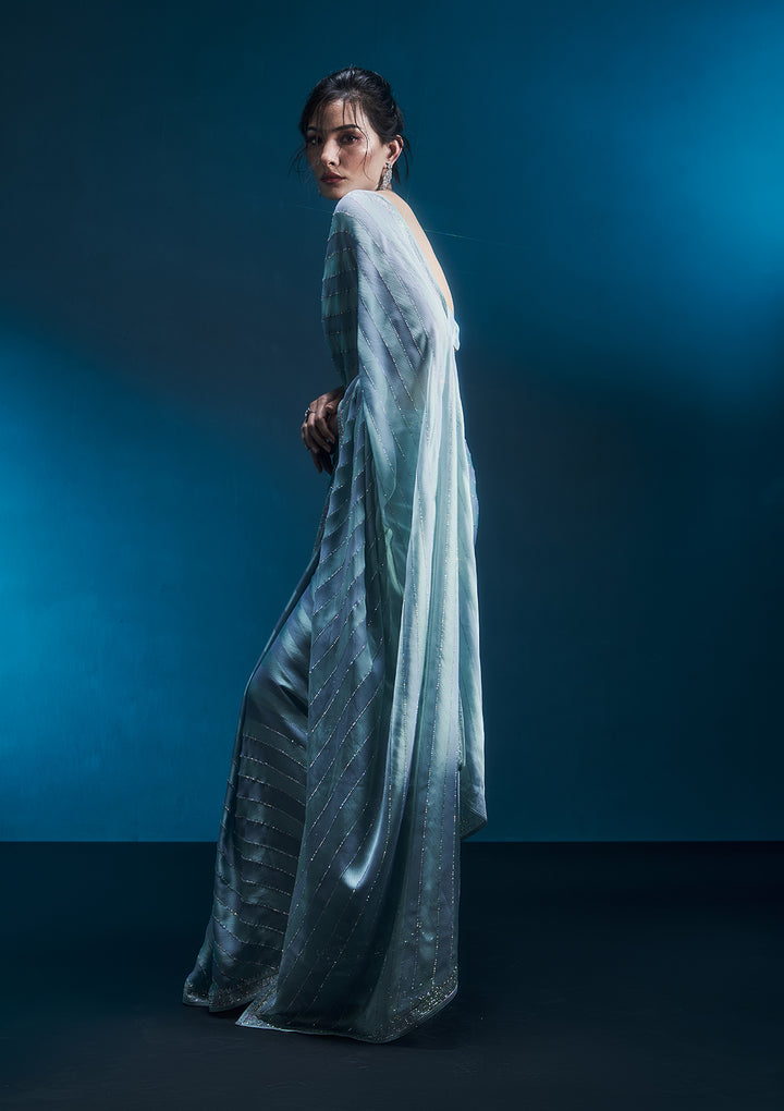 Sky Blue Swarovski Semi Crepe Designer Saree
