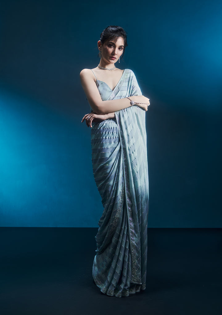 Sky Blue Swarovski Semi Crepe Designer Saree