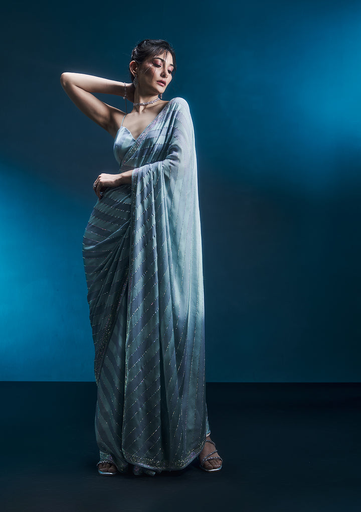 Sky Blue Swarovski Semi Crepe Designer Saree