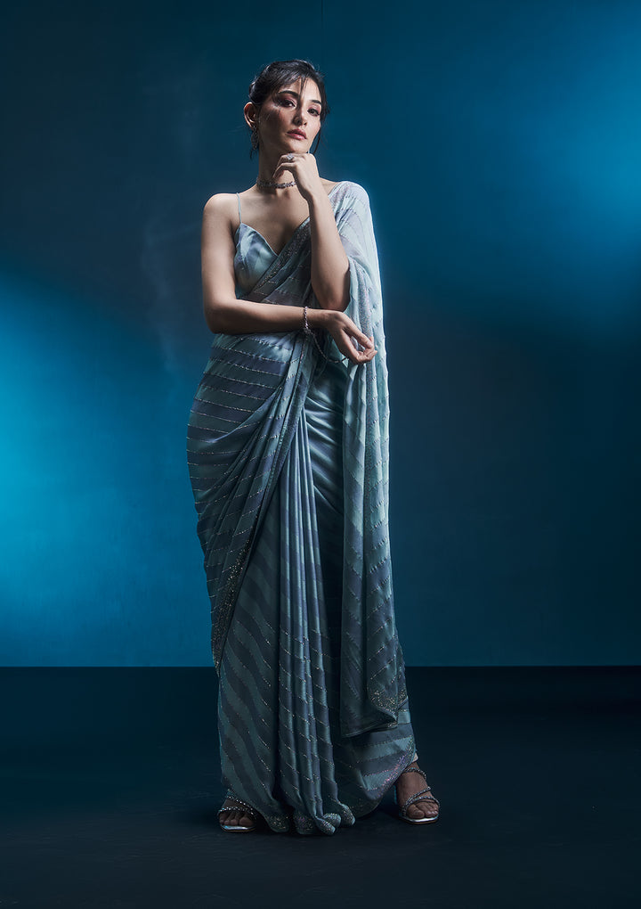 Sky Blue Swarovski Semi Crepe Designer Saree