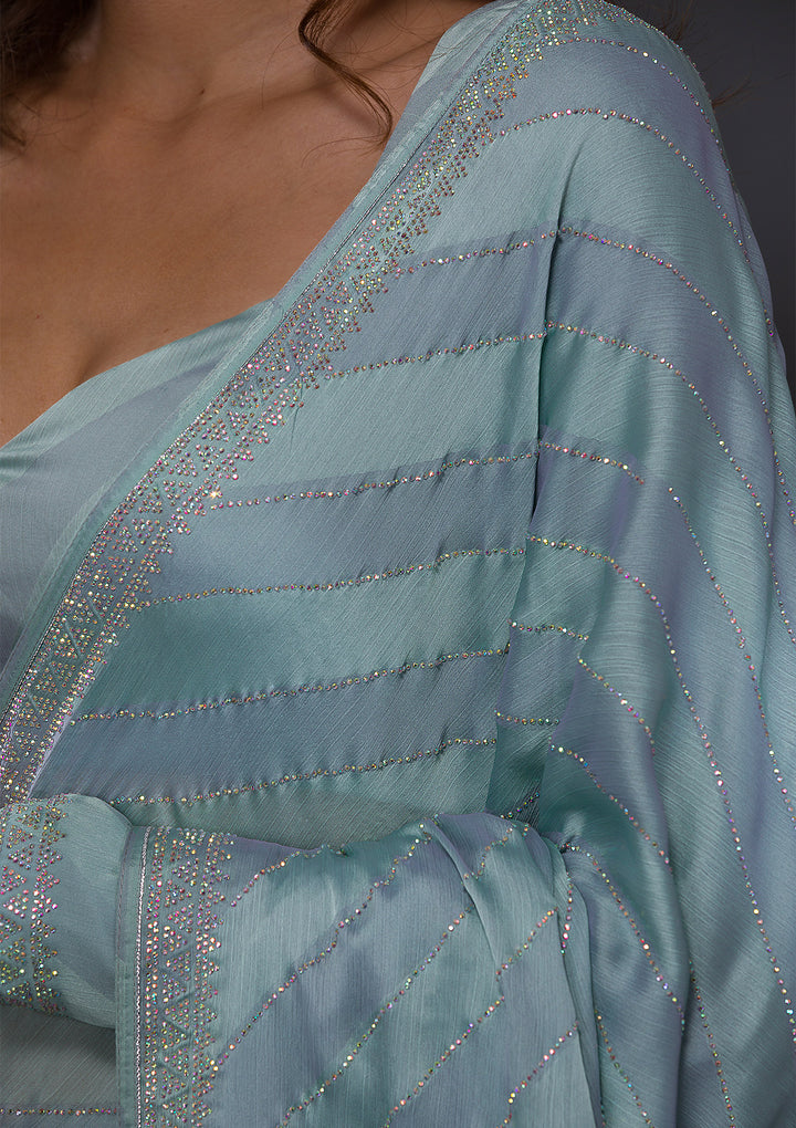 Sky Blue Swarovski Semi Crepe Designer Saree