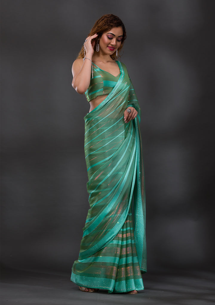 Sea Green Swarovski Shimmer Georgette Saree-Koskii