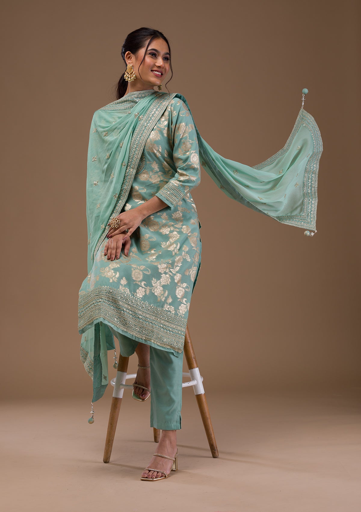 Sea Green Threadwork Banasari Readymade Salwar Suit