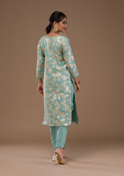 Sea Green Threadwork Banasari Readymade Salwar Suit