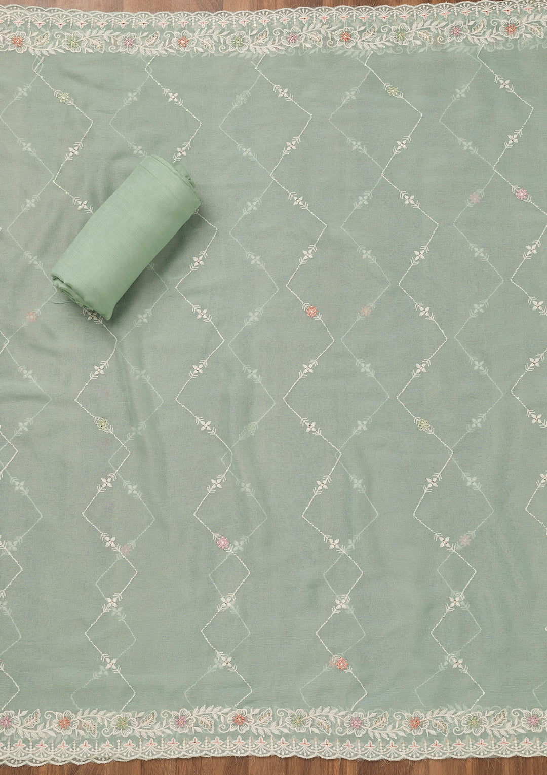Sea Green Threadwork Chiffon Unstitched Salwar Suit