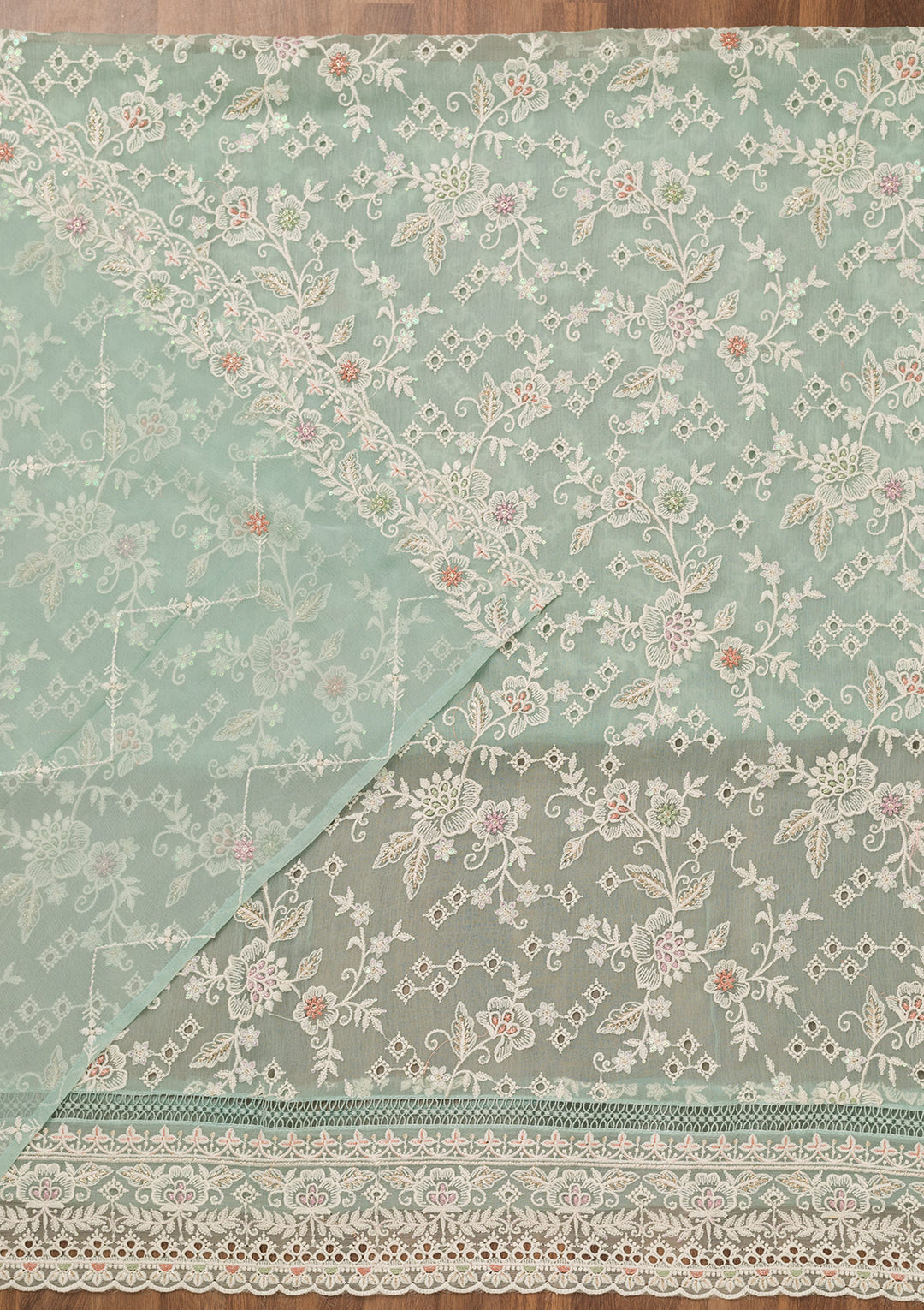 Sea Green Threadwork Chiffon Unstitched Salwar Suit