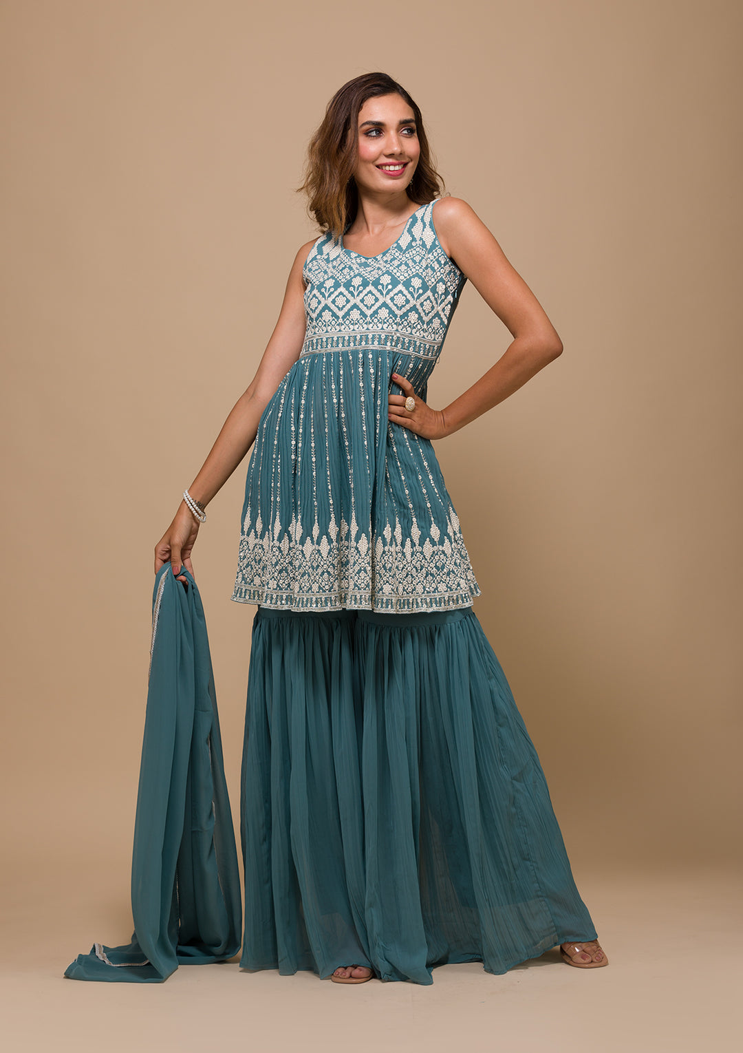 Sea Green Threadwork Georgette Readymade Salwar Suit-Koskii