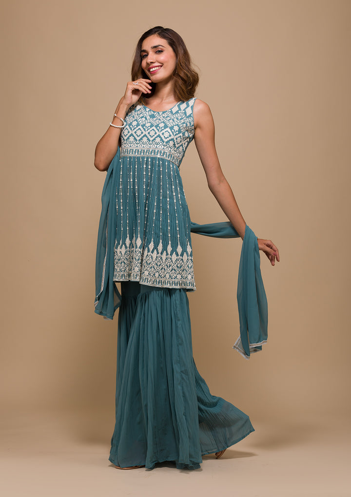 Sea Green Threadwork Georgette Readymade Salwar Suit-Koskii