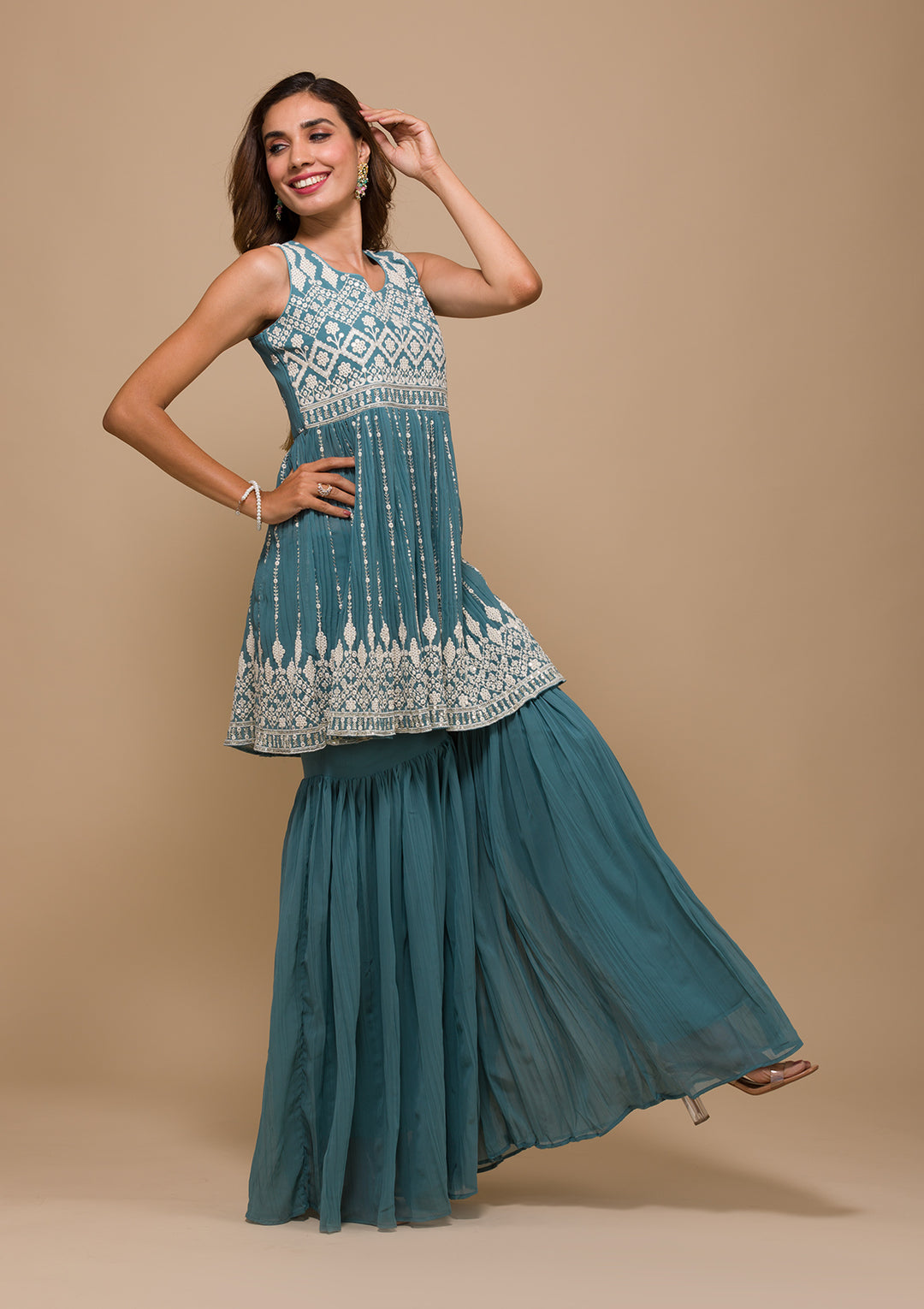 Sea Green Threadwork Georgette Readymade Salwar Suit-Koskii