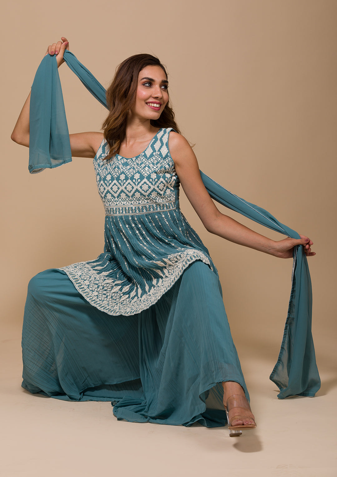 Sea Green Threadwork Georgette Readymade Salwar Suit-Koskii