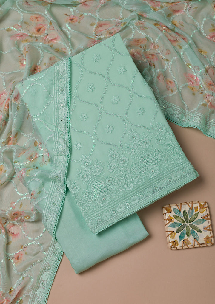 Sea Green Threadwork Georgette Unstitched Salwar Suit