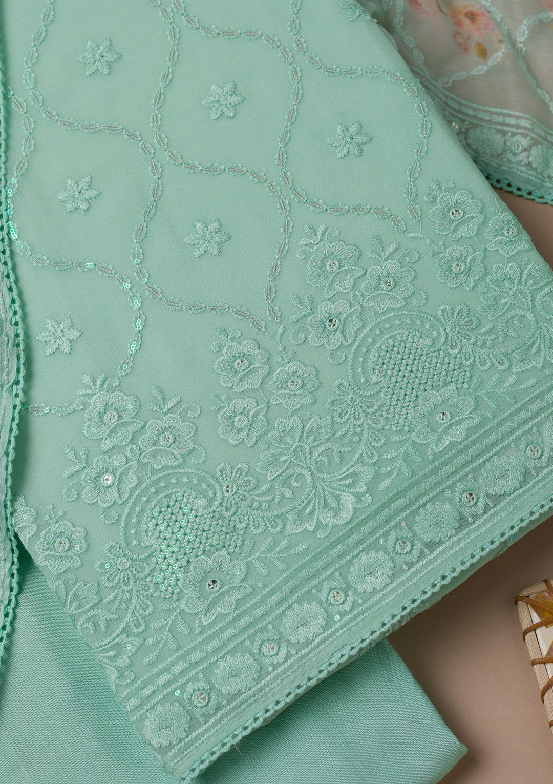 Sea Green Threadwork Georgette Unstitched Salwar Suit