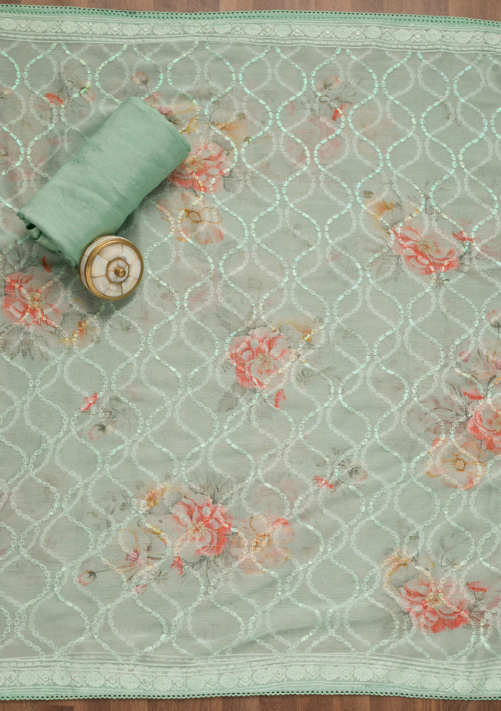 Sea Green Threadwork Georgette Unstitched Salwar Suit