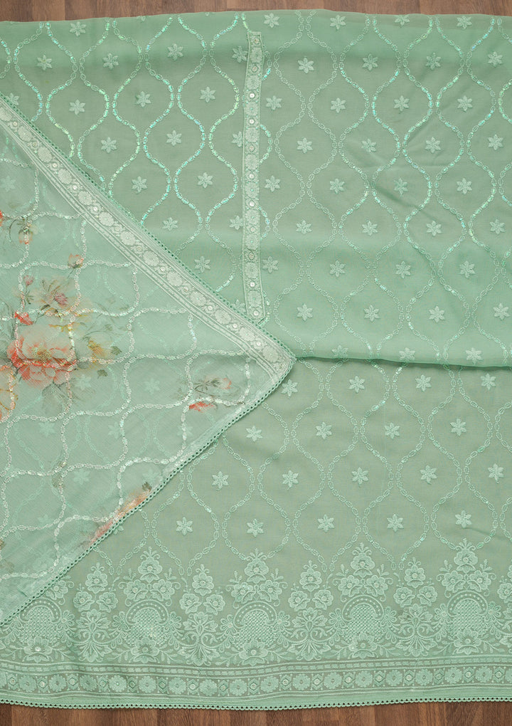Sea Green Threadwork Georgette Unstitched Salwar Suit