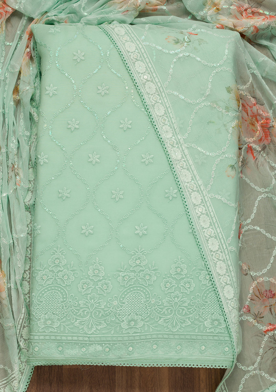 Sea Green Threadwork Georgette Unstitched Salwar Suit