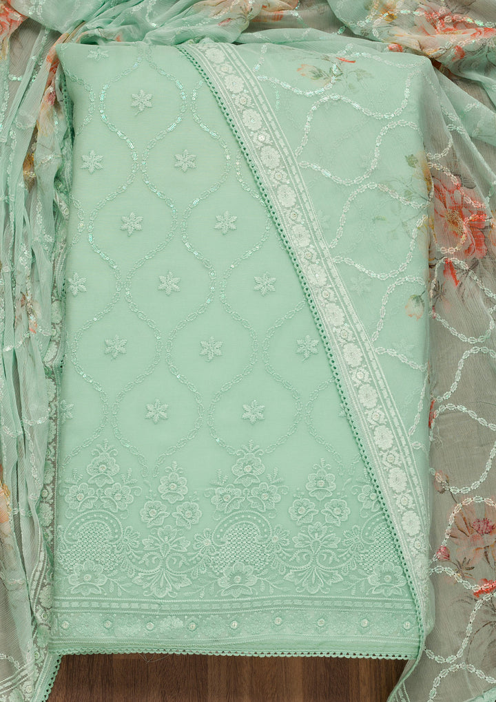 Sea Green Threadwork Georgette Unstitched Salwar Suit