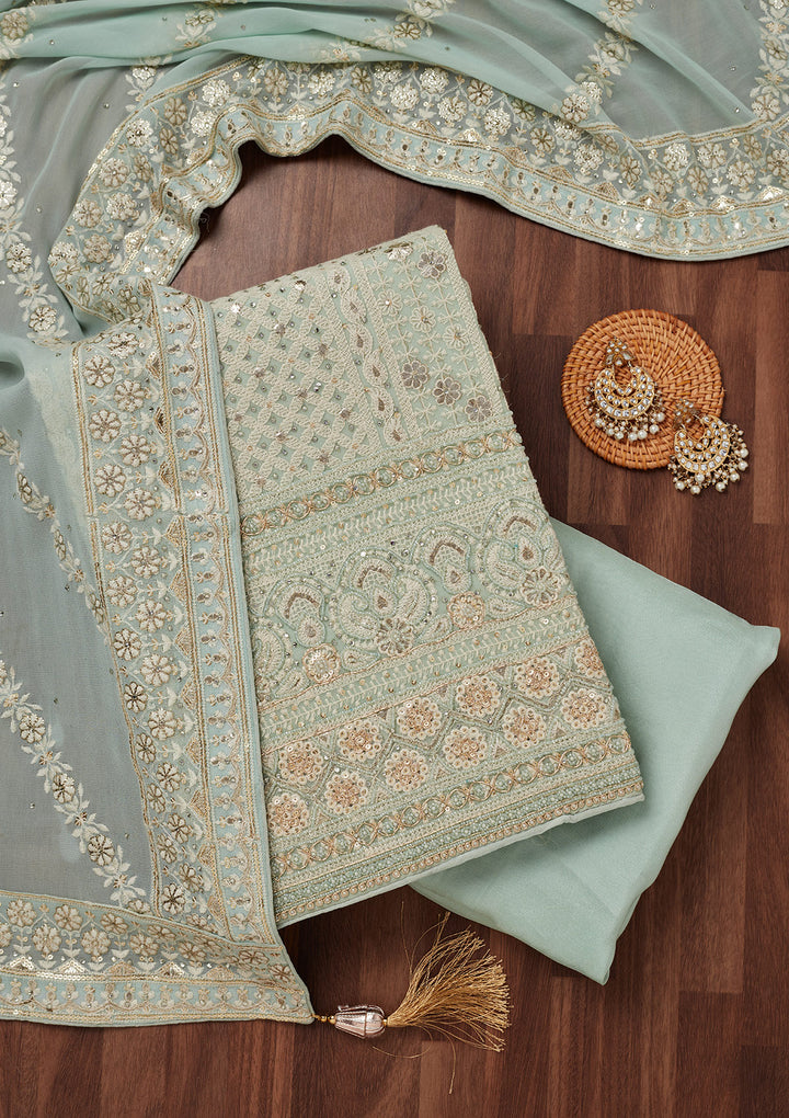 Sea Green Threadwork Georgette Unstitched Salwar Suit