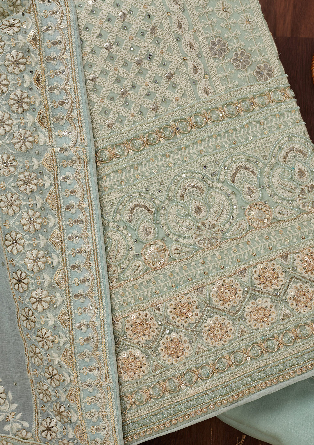 Sea Green Threadwork Georgette Unstitched Salwar Suit