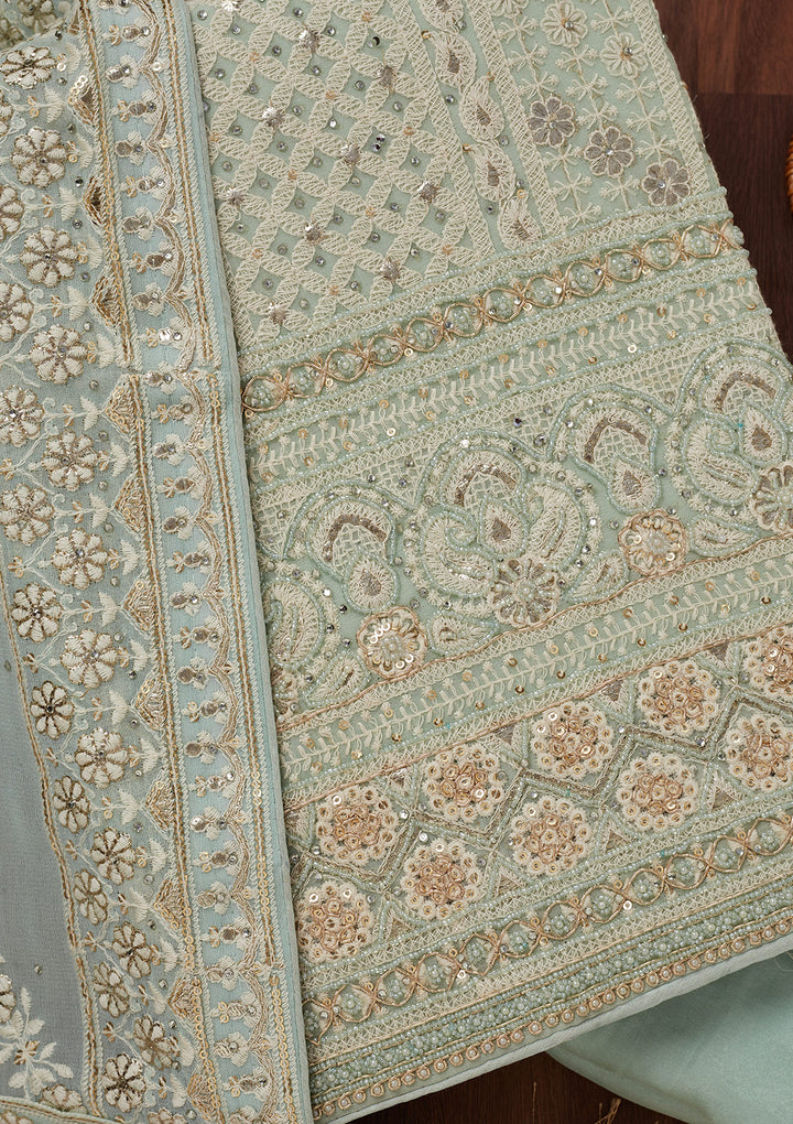 Sea Green Threadwork Georgette Unstitched Salwar Suit