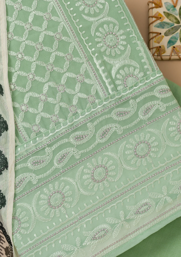 Sea Green Threadwork Georgette Unstitched Salwar Suit