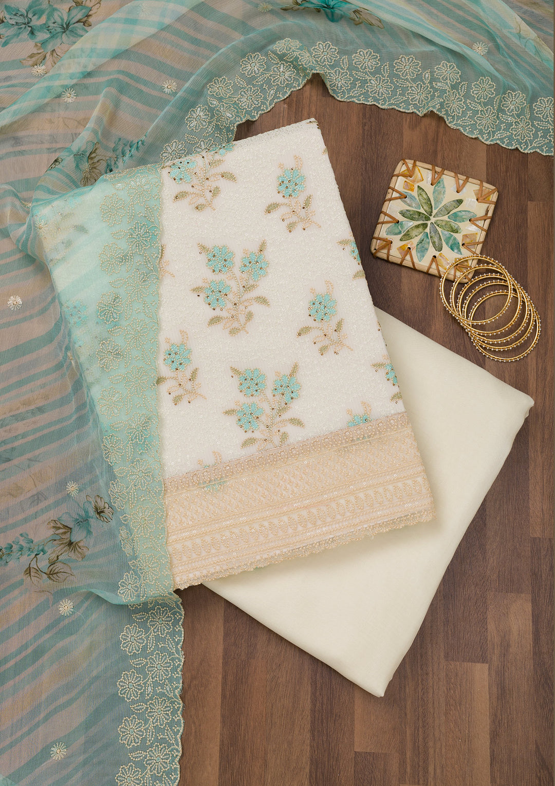 Sea Green Threadwork Georgette Unstitched Salwar Suit