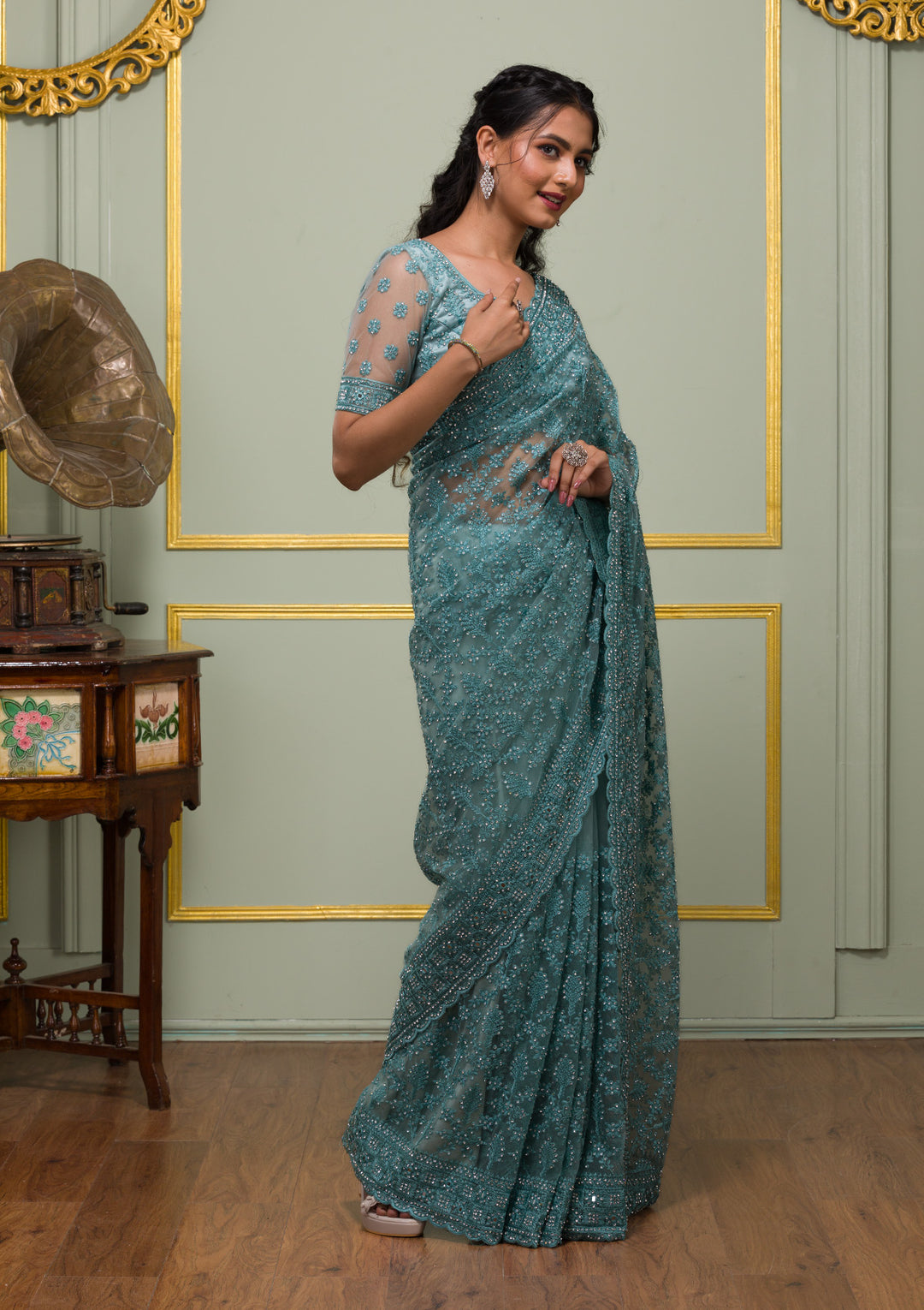 Sea Green Threadwork Net Saree-Koskii
