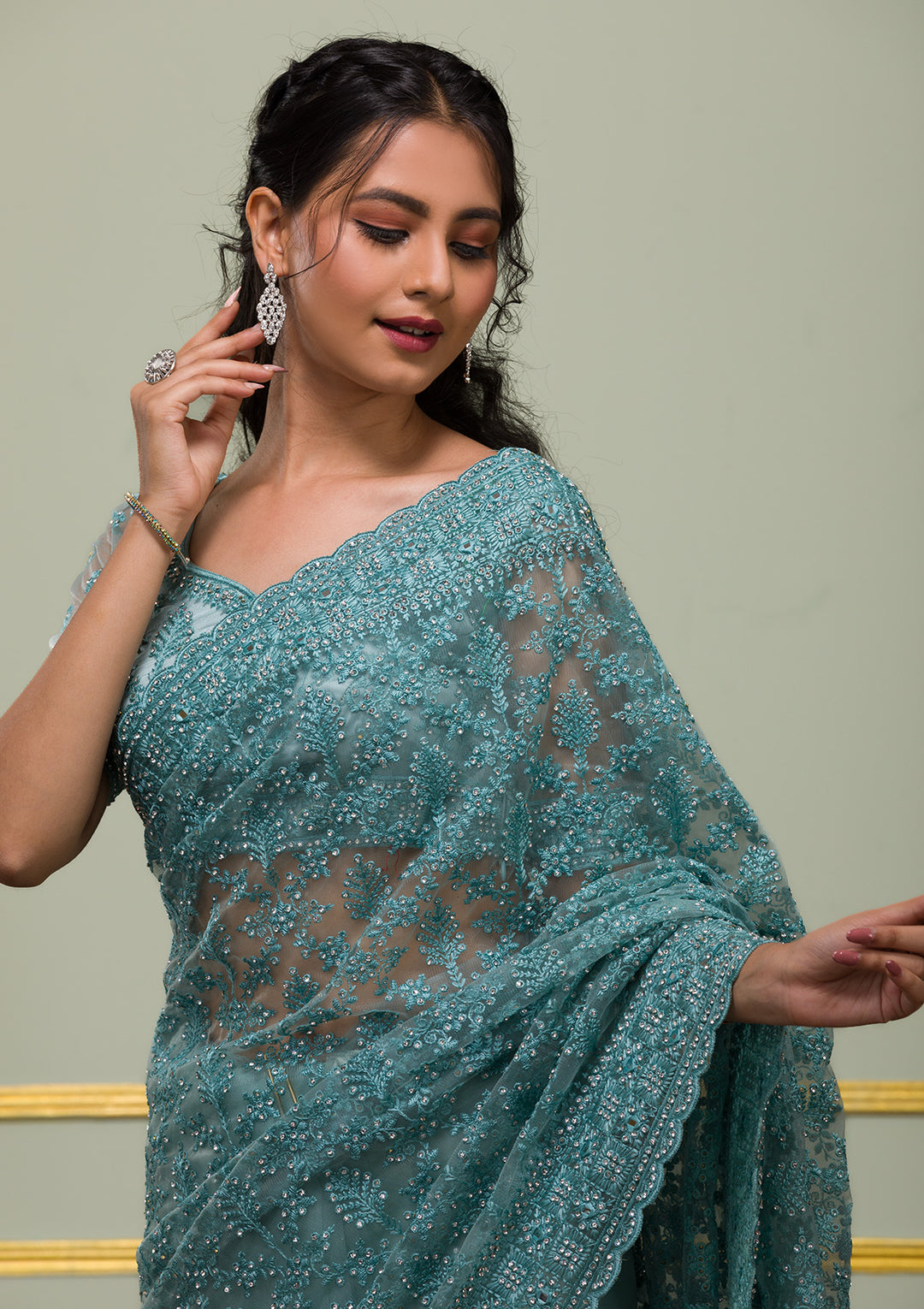 Sea Green Threadwork Net Saree-Koskii