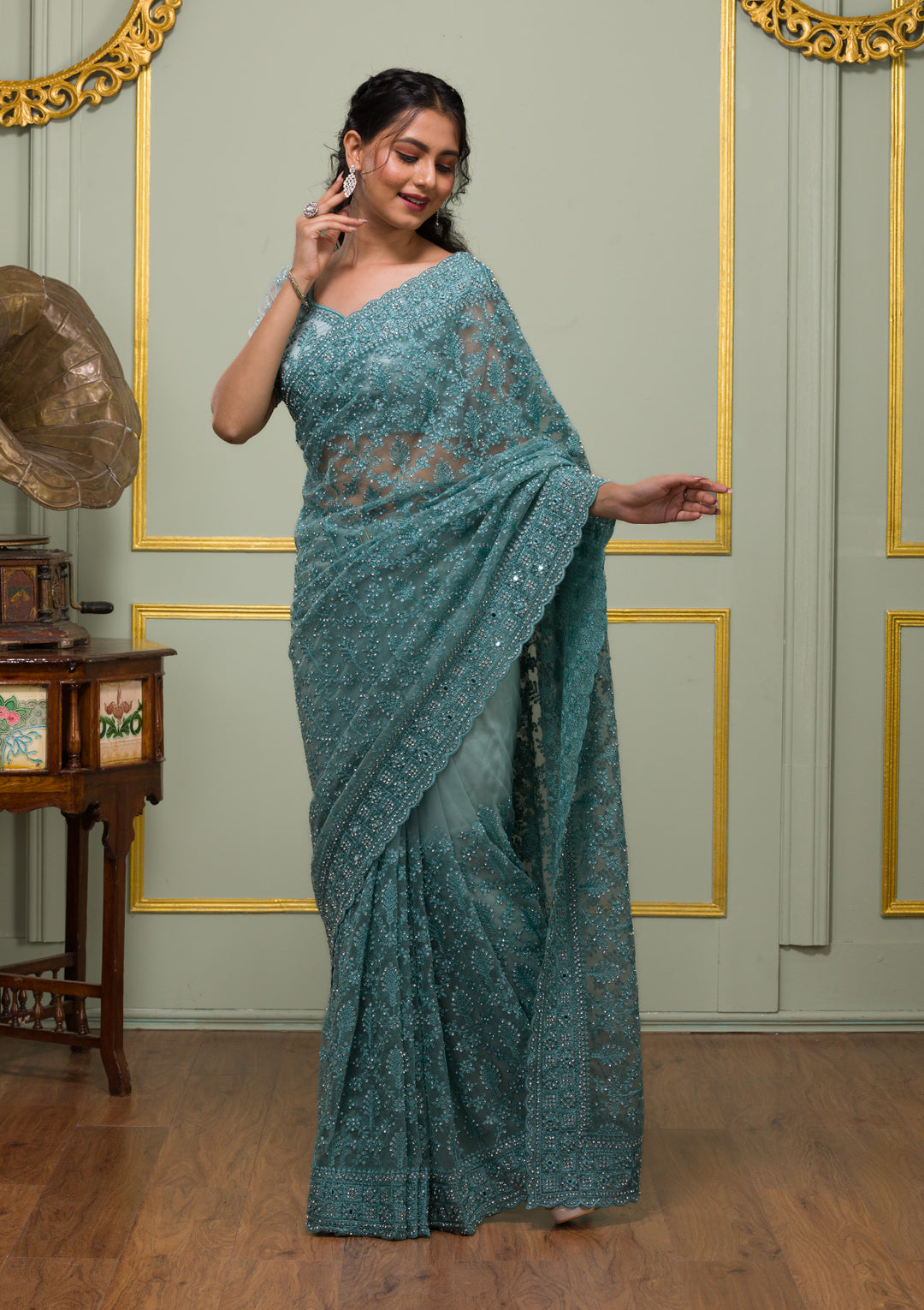 Sea Green Threadwork Net Saree-Koskii