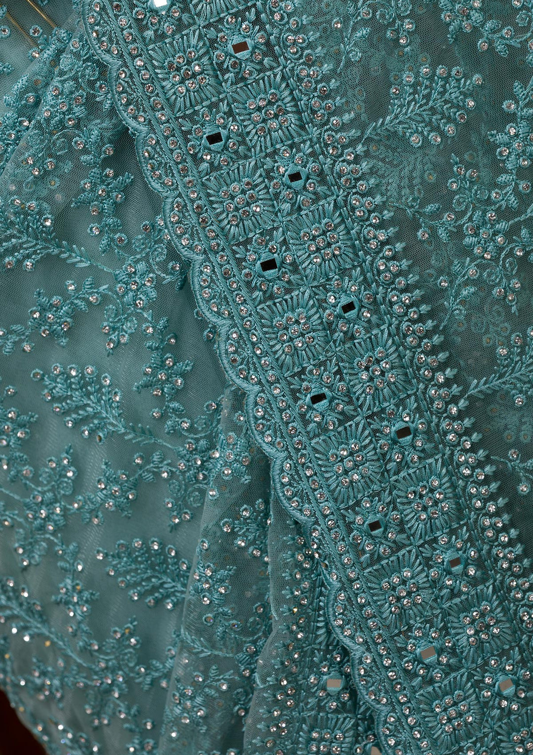 Sea Green Threadwork Net Saree-Koskii