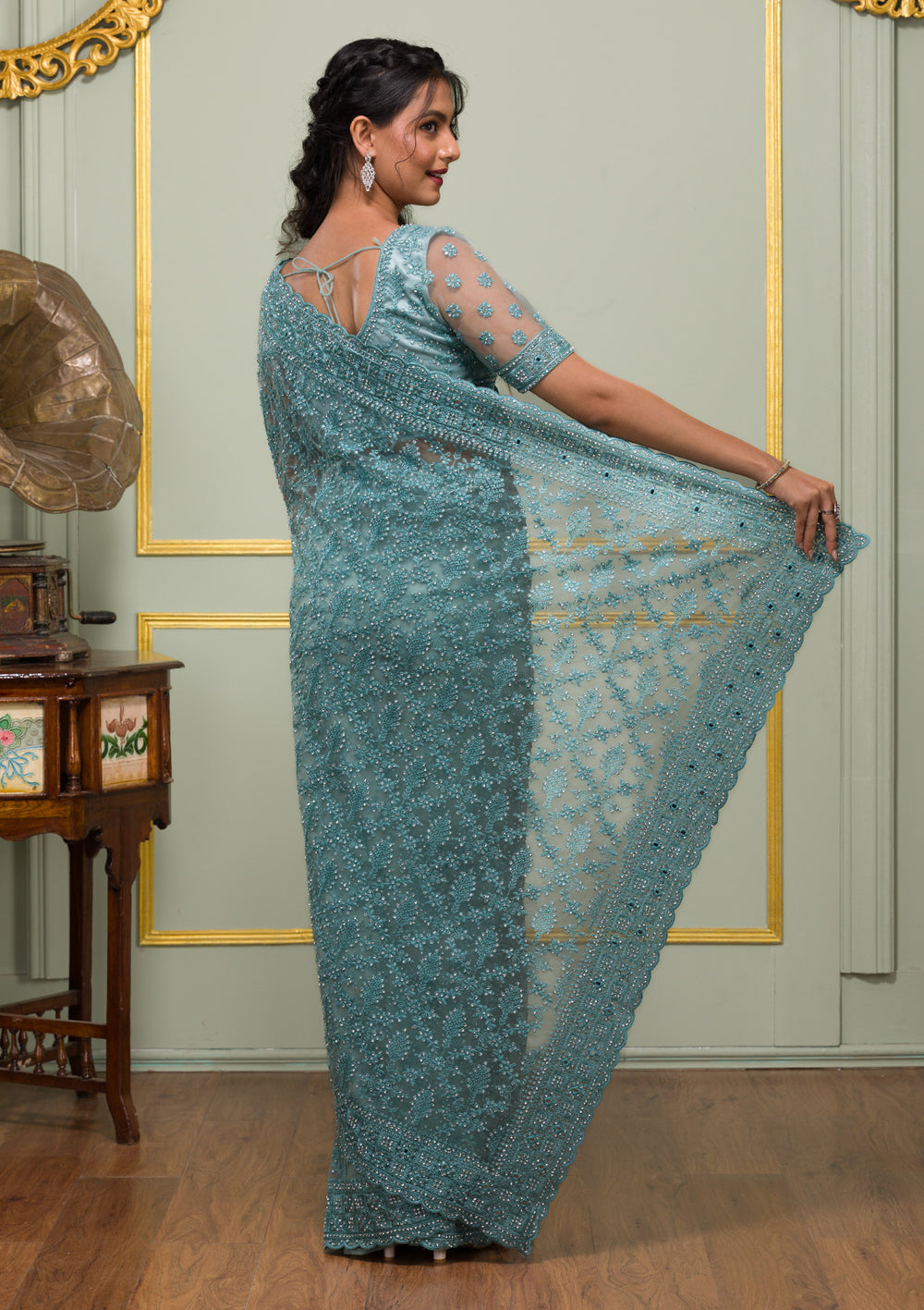 Sea Green Threadwork Net Saree-Koskii