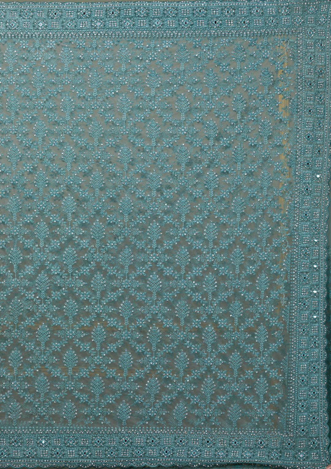 Sea Green Threadwork Net Saree-Koskii