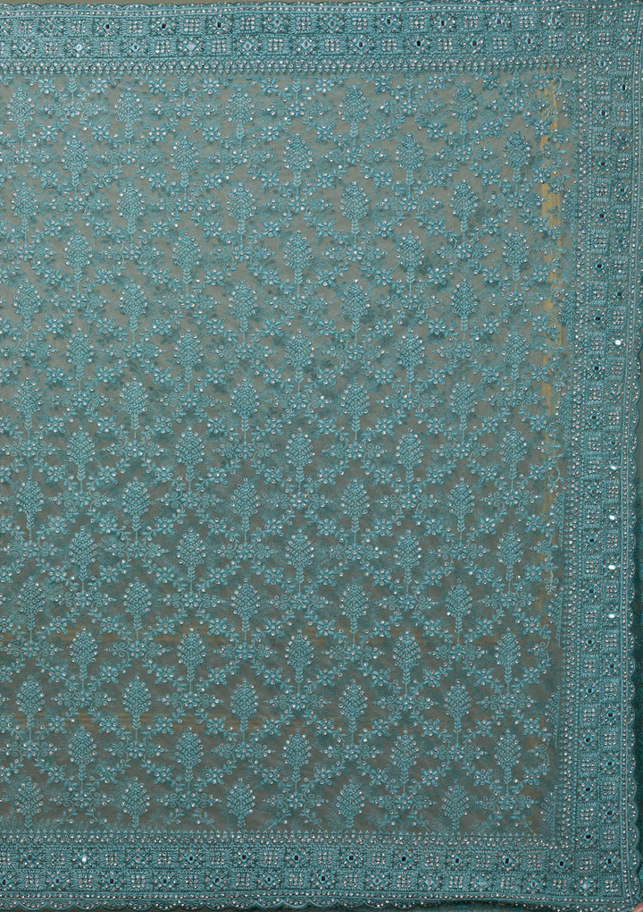 Sea Green Threadwork Net Saree-Koskii