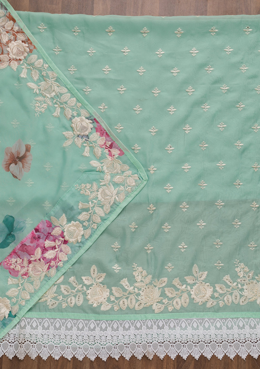Sea Green Threadwork Organza Unstitched Salwar Suit
